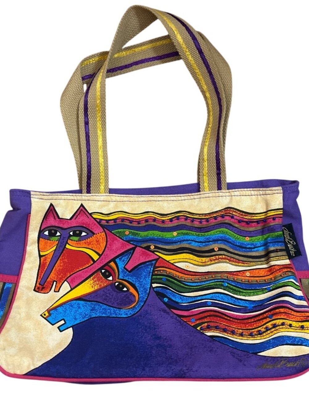 Laurel Burch Horses Canvas Shoulder Tote Bag Beaded Dual Handles Side Pockets